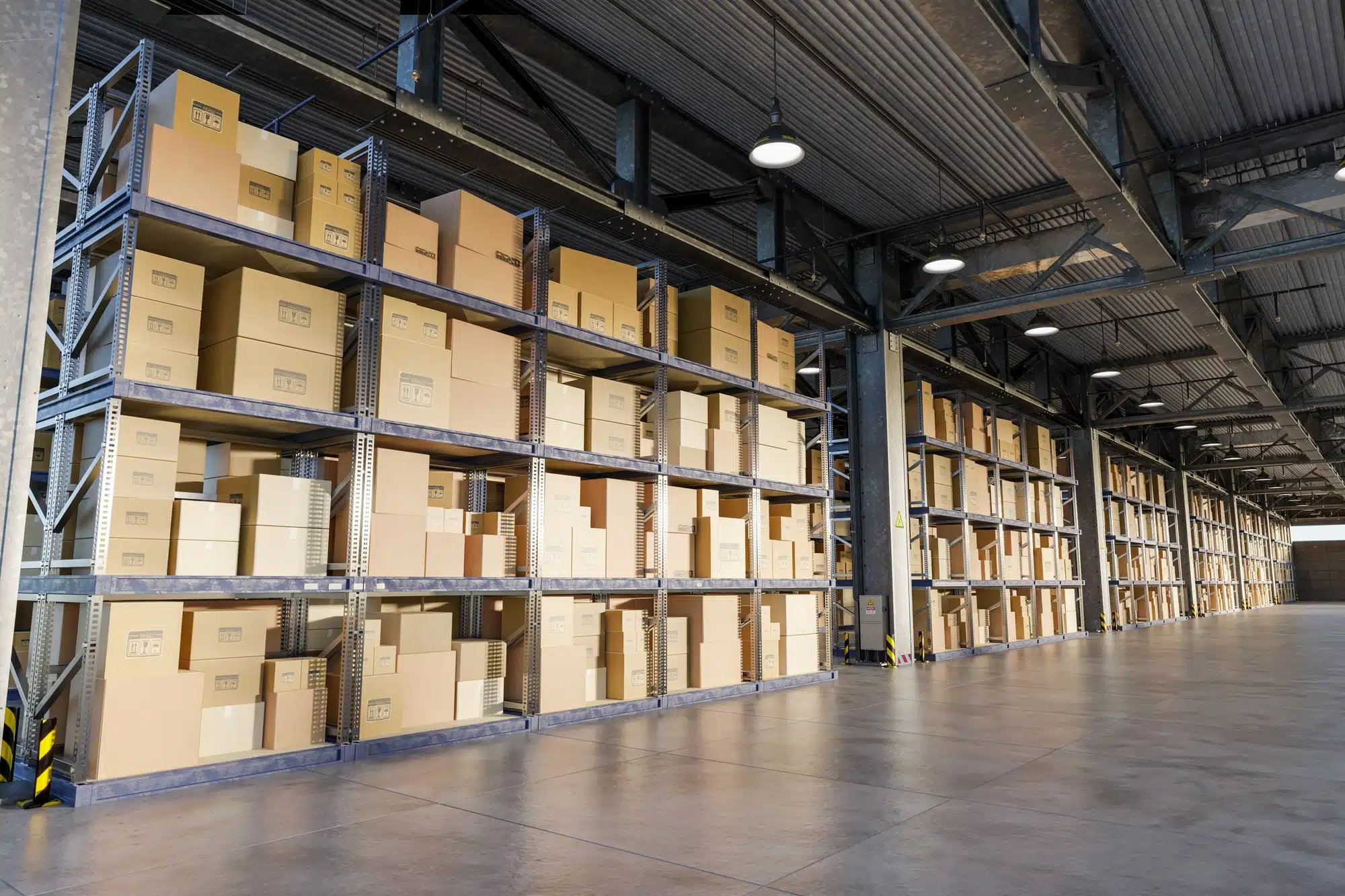 Cardboard boxes on storage warehouse shelves.