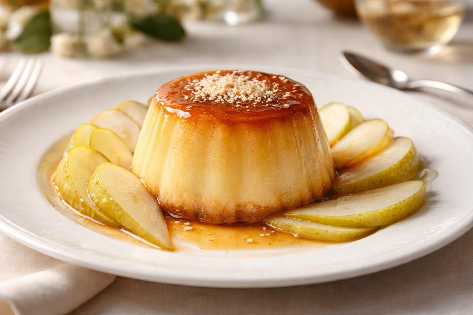découvrez le flan aux poires et poudre d'amandes, un dessert élégant et raffiné qui sublimera vos dîners avec douceur et délicatesse.