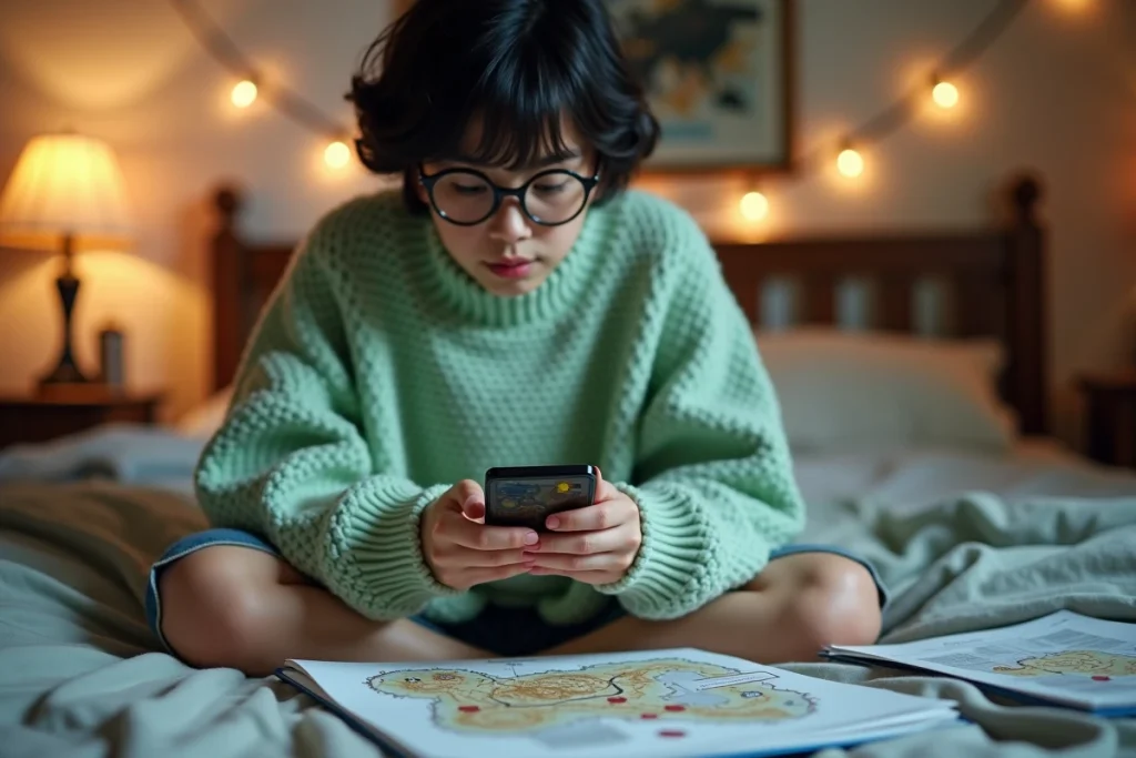Adolescente prenant des notes sur des guides de portails pour un jeu de rôle en ligne