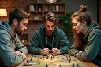 Trois amis adultes jouant à un wargame coopératif autour d'une table avec figurines et cartes de stratégie