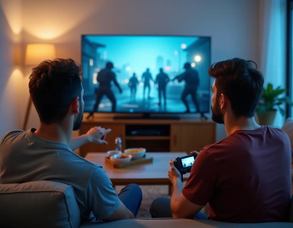 Deux hommes jouant en coopération à un jeu de stratégie militaire sur console dans un salon moderne