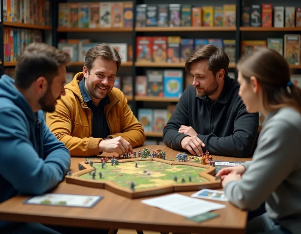 Groupe de quatre joueurs adultes autour d'un wargame de plateau coopératif dans un café de jeux de société