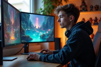 Jeune gamer devant ses écrans consultant une carte de portails DOFUS en détail