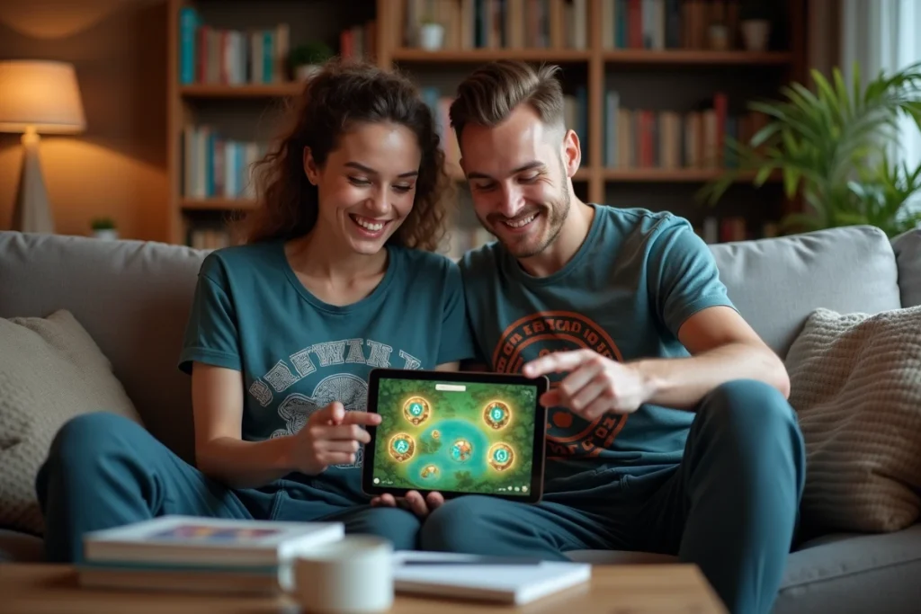 Deux joueurs consultant ensemble une tablette pour repérer des portails dans un jeu de rôle fantasy