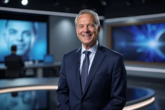 Journaliste de télévision masculin en costume marine dans un studio d'information moderne, portrait trois quarts professionnel
