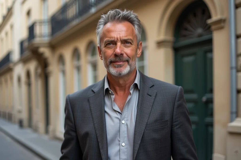 Présentateur de télévision français devant une façade haussmannienne parisienne, portrait éditorial en extérieur