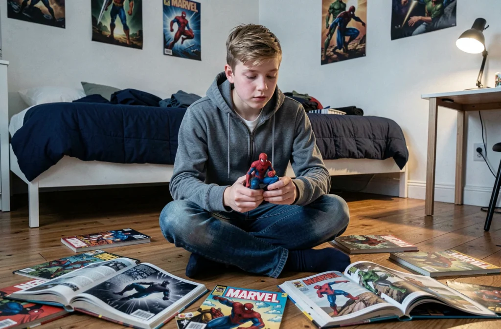 Adolescent assis sur le sol de sa chambre entouré de comics Marvel et tenant une figurine Spider-Man avec un air pensif