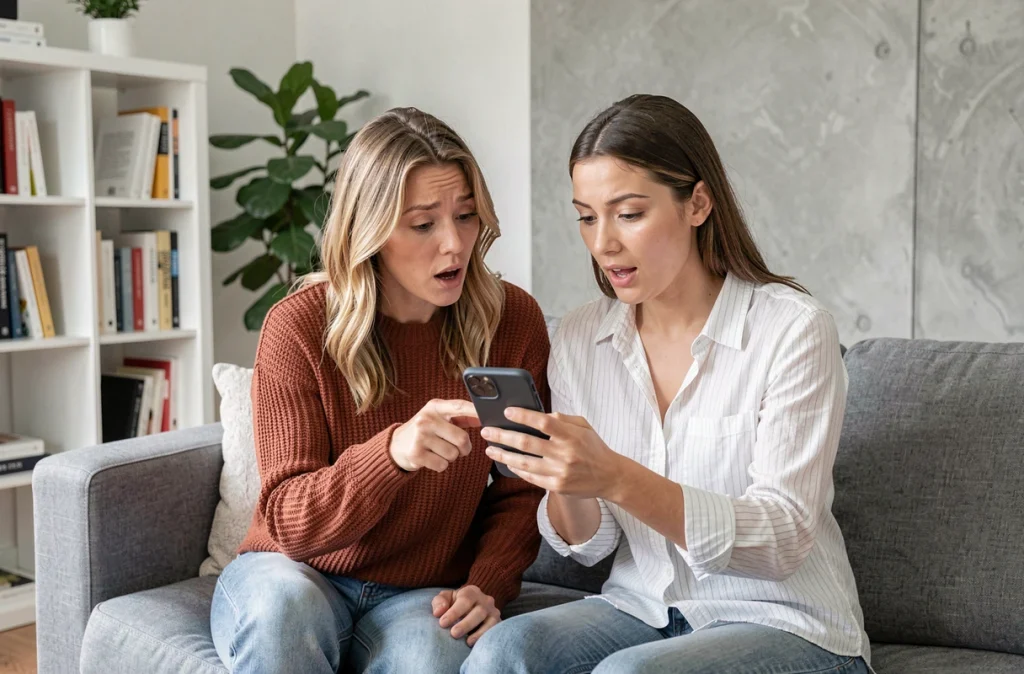 Deux amies découvrant ensemble les paramètres de confidentialité des stories Instagram sur un canapé, débat sur la vie privée en ligne
