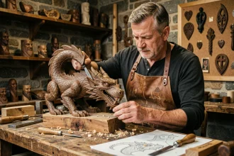 Artisan sculptant une tête de dragon viking en bois de chêne dans un atelier traditionnel, illustration du renouveau créatif autour de la mythologie nordique