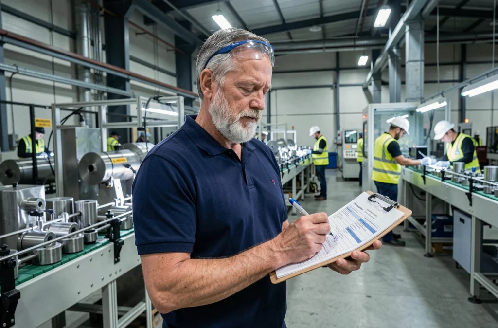 Auditeur qualité en usine réalisant un audit de conformité aux normes IRIS02 et ISO dans un environnement industriel