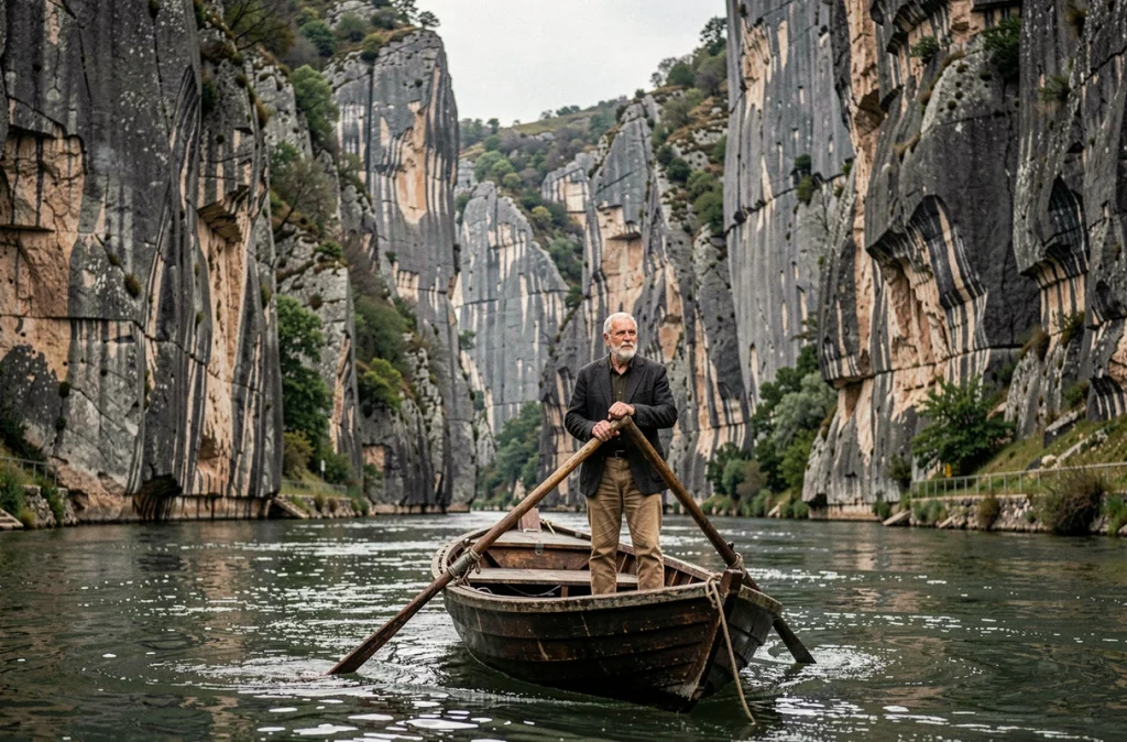 Batelier âgé manœuvrant une barge traditionnelle sur le Danube dans les gorges des Portes de Fer, illustrant le trajet du fleuve