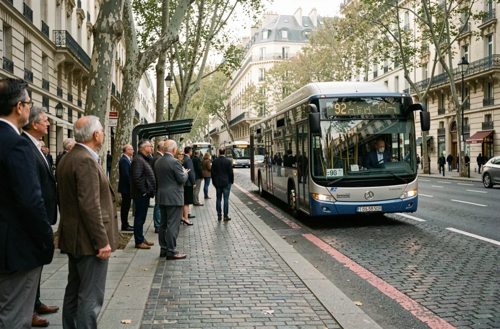 Bus 92 arrivant à un arrêt avec des passagers qui attendent sur un boulevard parisien
