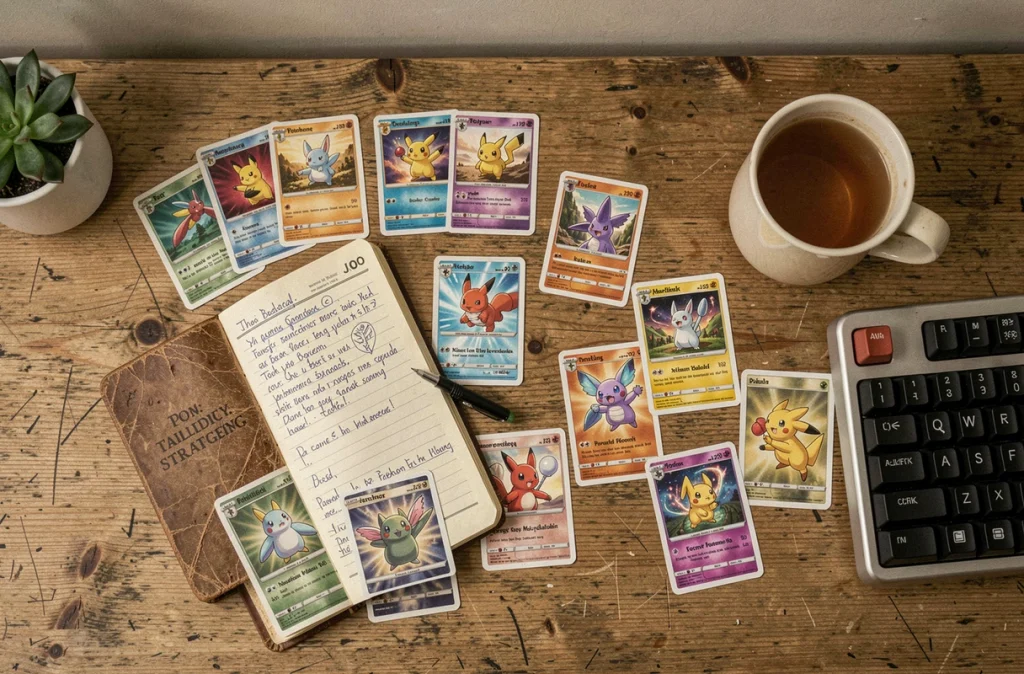 Vue aérienne de cartes Pokémon de type Psy et notes stratégiques sur un bureau en bois pour construire une équipe offensive ou défensive