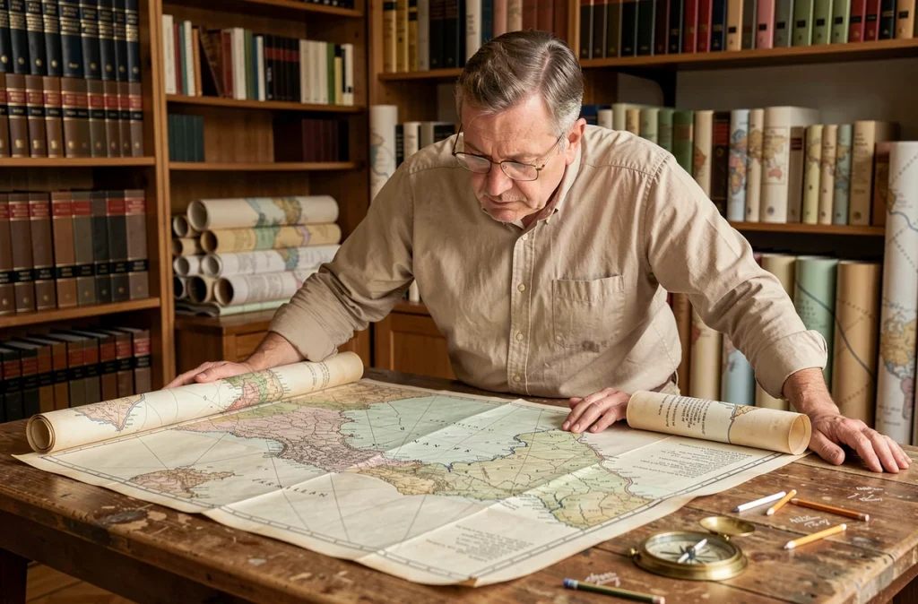 Cartographe étudiant une carte géographique détaillée du Danube sur une grande table en bois dans un bureau universitaire