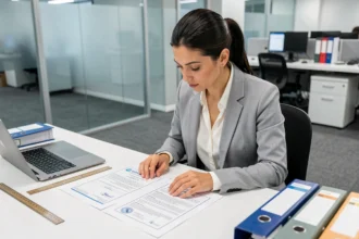 Ingénieure comparant des documents de certification IRIS02 et ISO dans un bureau de standards qualité