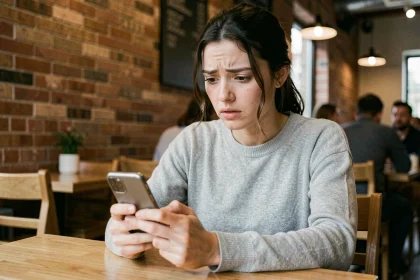 Jeune femme consultant les paramètres de confidentialité de son Instagram dans un café urbain, illustrant la question de la vie privée sur les stories