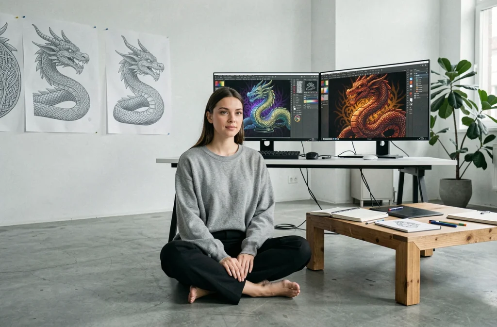 Designer graphique travaillant sur une illustration numérique de dragon viking dans un studio créatif moderne, reflet du succès de la mythologie nordique dans le design contemporain
