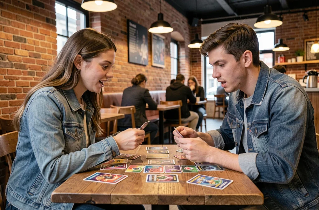 Deux amis s'affrontant dans un duel de cartes Pokémon type Psy dans un café, illustrant les styles de jeu offensif et défensif