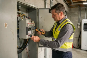 Électricien inspectant un transformateur triphasé monophasé dans un tableau électrique de garage avec borne de recharge EV en arrière-plan