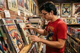Employé d'une boutique de comics arrangeant des comic books Spider-Man sur une étagère en bois dans une librairie vintage