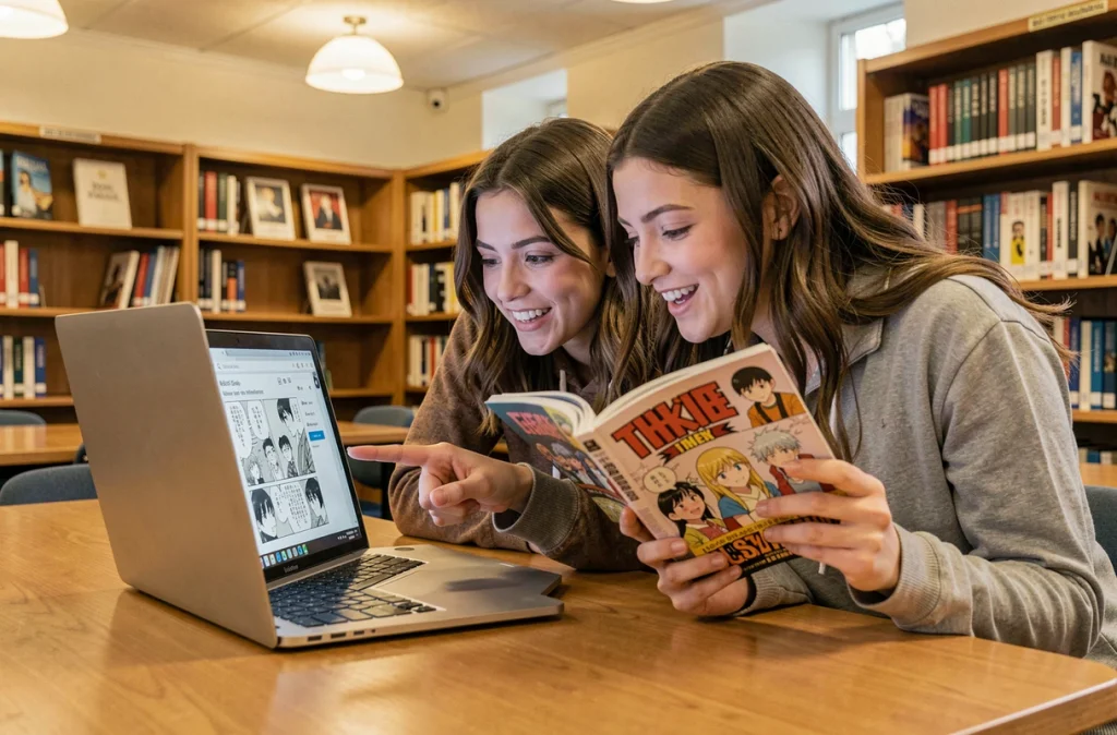 Deux étudiantes comparant la lecture de mangas BL en version numérique et physique dans une bibliothèque universitaire
