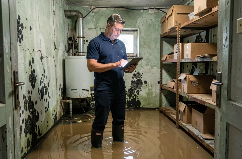 Expert en assurance évaluant les dégâts des eaux dans une cave inondée suite à des intempéries climatiques extrêmes