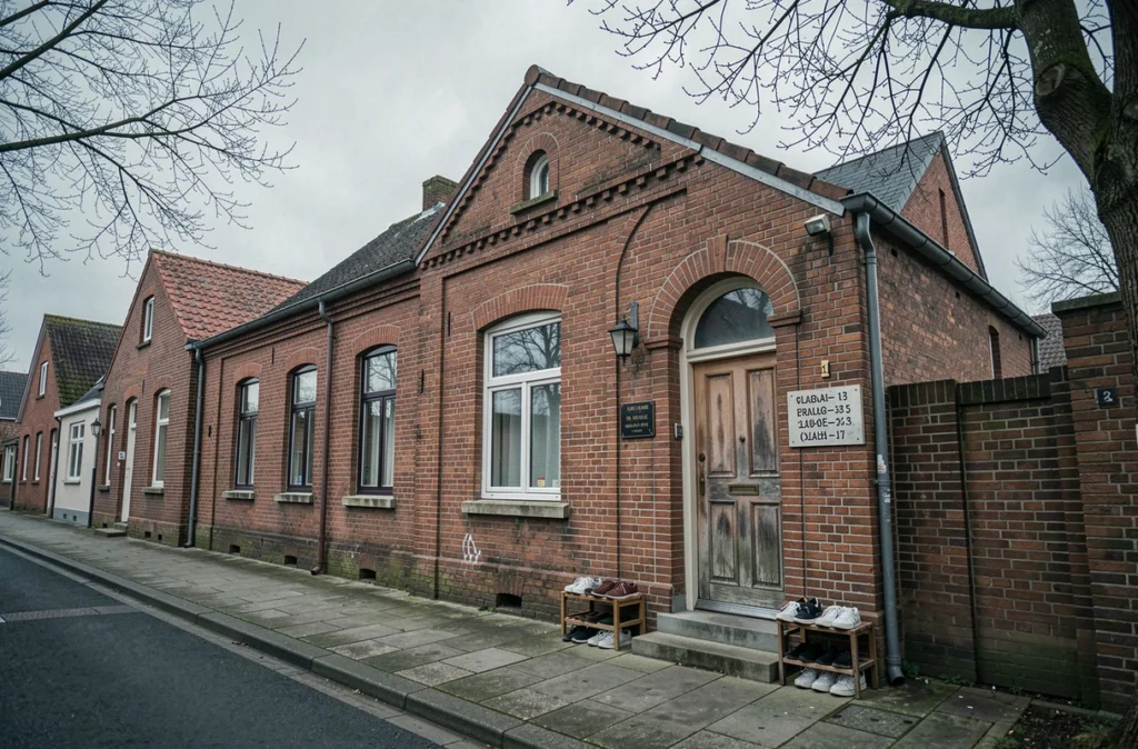 Façade d'une mosquée de quartier en briques rouges avec tableau des horaires de prière à Mons-en-Barœul
