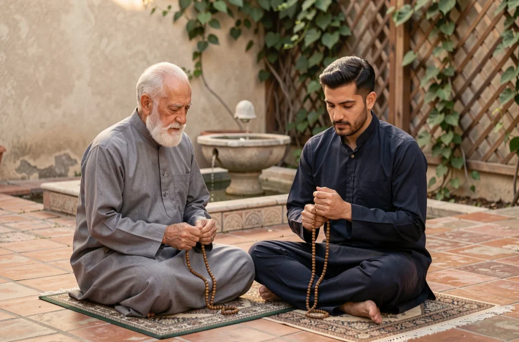 Deux hommes en prière et dhikr dans une cour extérieure au lever du soleil, illustrant l'ordre et les priorités entre rakat Fajr et prières surérogatoires