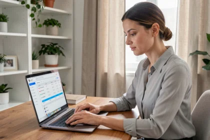 Femme consultant son espace client Altaya sur un ordinateur portable dans un bureau à domicile organisé