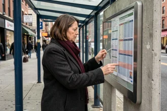 Femme consultant les horaires du bus 92 affichés à un arrêt de bus urbain