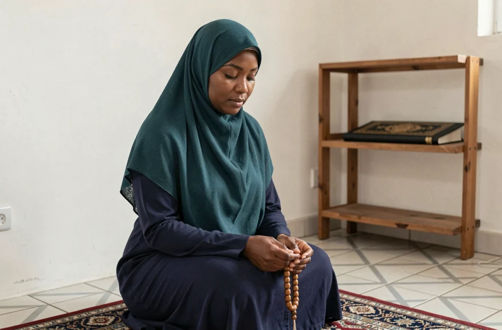 Femme musulmane en hijab tenant un chapelet de prière sur un tapis dans une salle de prière à Mons-en-Barœul