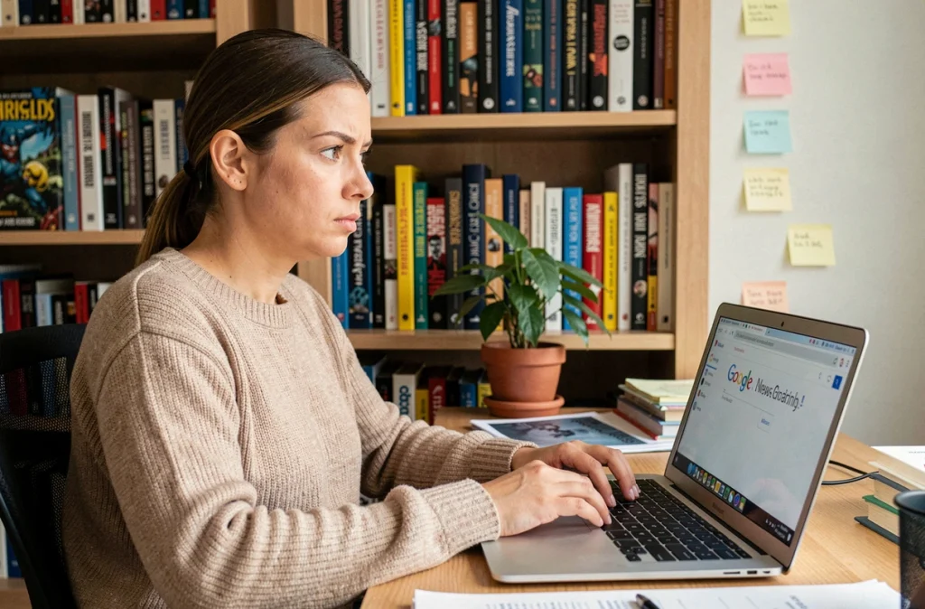 Jeune femme tapant une recherche mal orthographiée sur un moteur de recherche depuis son bureau à domicile