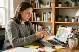 Femme sceptique consultant un calendrier de journées mondiales sur son smartphone à son bureau à domicile