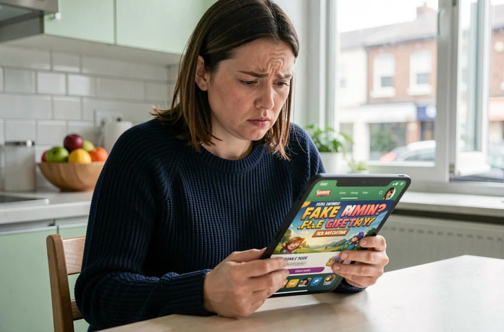 Femme inquiète face à une fausse page de triche pour Monopoly GO sur une tablette