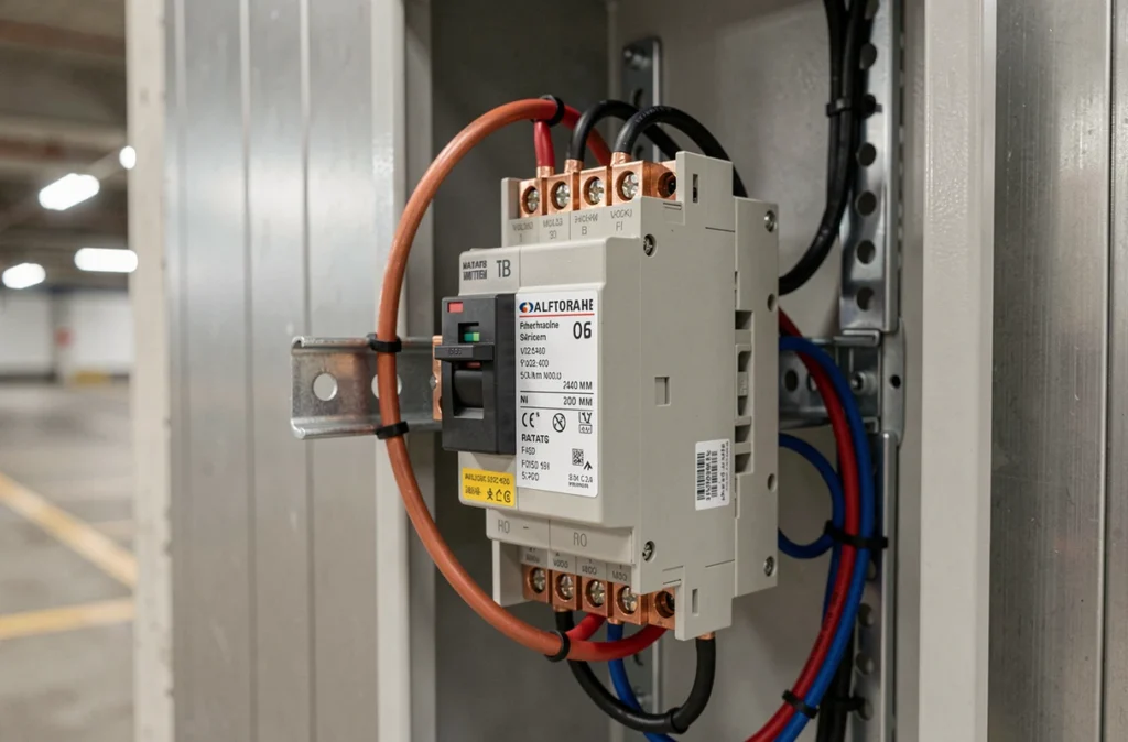 Gros plan sur un transformateur triphasé monophasé sur rail DIN avec câblage coloré dans un coffret électrique pour borne de recharge