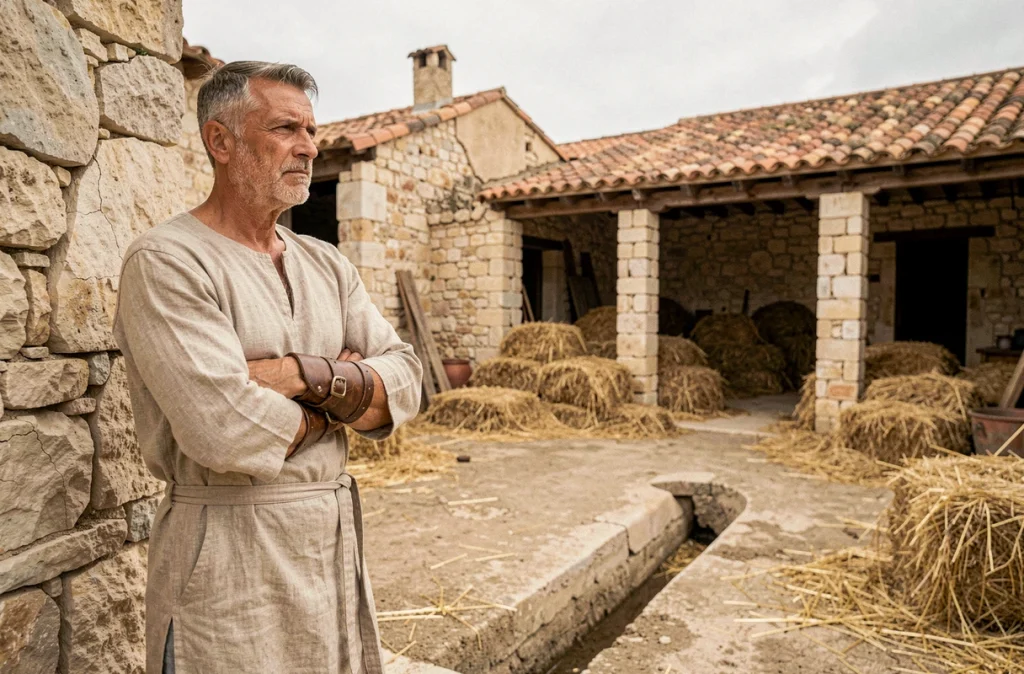 Homme en tenue grecque antique contemplant de grandes écuries en ruine, représentant le nettoyage des écuries d'Augias parmi les travaux d'Hercule