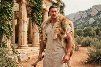 Homme athlétique vêtu d'une peau de lion devant un temple grec antique en ruine, évoquant Hercule et ses travaux mythologiques