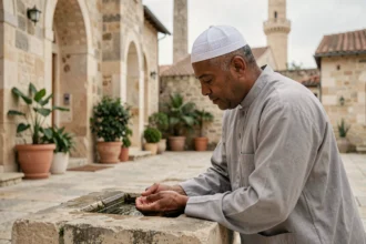 Homme en djellaba blanche effectuant ses ablutions avant la prière dans la cour d'une mosquée à Mons-en-Barœul