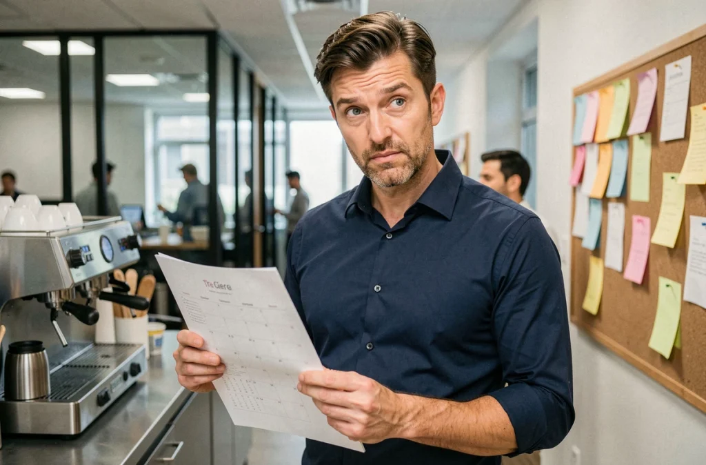 Homme en bureau tenant un calendrier de journées mondiales avec une expression interrogative et critique