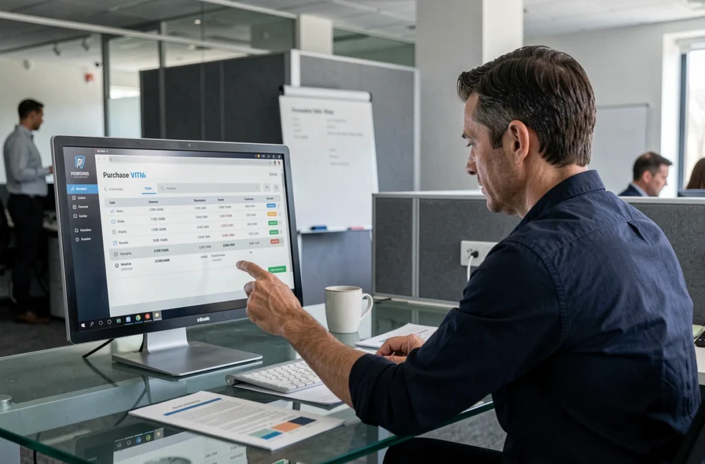 Homme consultant son historique d'achats et ses factures sur un compte en ligne dans un bureau professionnel moderne