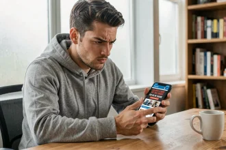 Jeune homme méfiant regardant un lien suspect sur son smartphone lié à une triche Monopoly GO