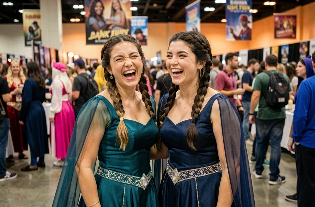 Deux jeunes femmes en costumes modernes inspirés de Jasmine Disney riant ensemble dans une salle de convention de fans dédiée aux personnages Disney