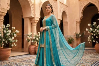 Jeune femme en costume turquoise et or inspiré de la princesse Jasmine dans une cour de style oriental avec arches en pierre et fleurs de jasmin