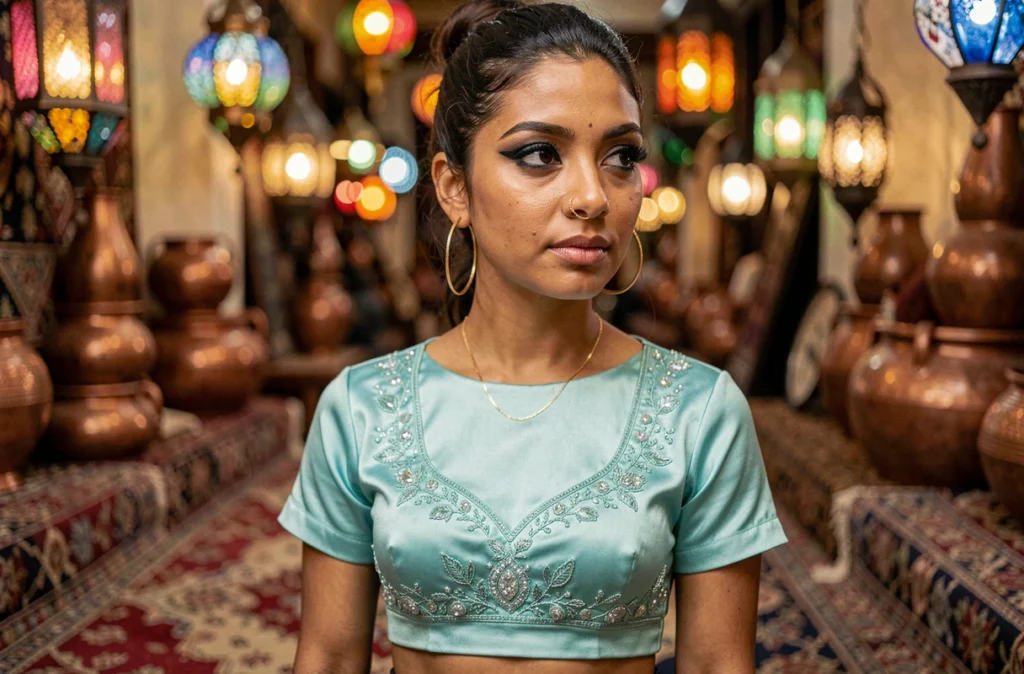 Portrait rapproché d'une femme aux traits orientaux avec bijoux dorés et haut en soie turquoise dans un décor de palais aux lanternes colorées