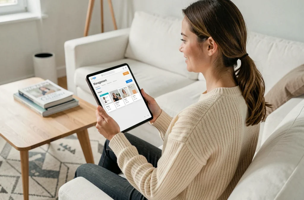 Jeune femme gérant ses factures et son compte Altaya sur une tablette dans un salon minimaliste