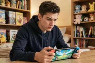 Joueur adulte concentré sur une bataille Pokémon de type Psy en mode défensif sur Nintendo Switch dans une chambre de gamer