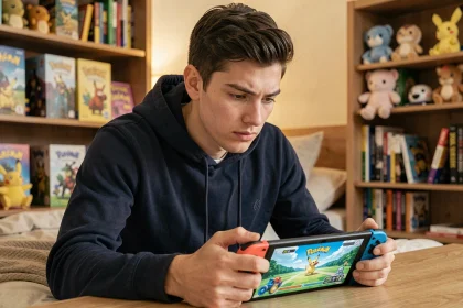 Joueur adulte concentré sur une bataille Pokémon de type Psy en mode défensif sur Nintendo Switch dans une chambre de gamer