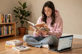 Jeune femme lisant un manga BL en ligne sur ordinateur portable dans une chambre cosy entourée de volumes physiques