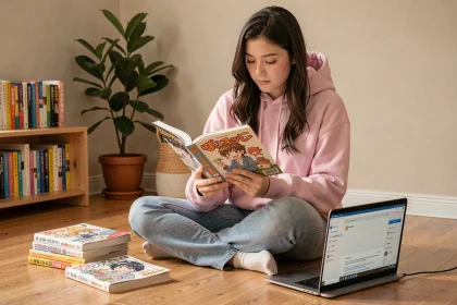 Jeune femme lisant un manga BL en ligne sur ordinateur portable dans une chambre cosy entourée de volumes physiques