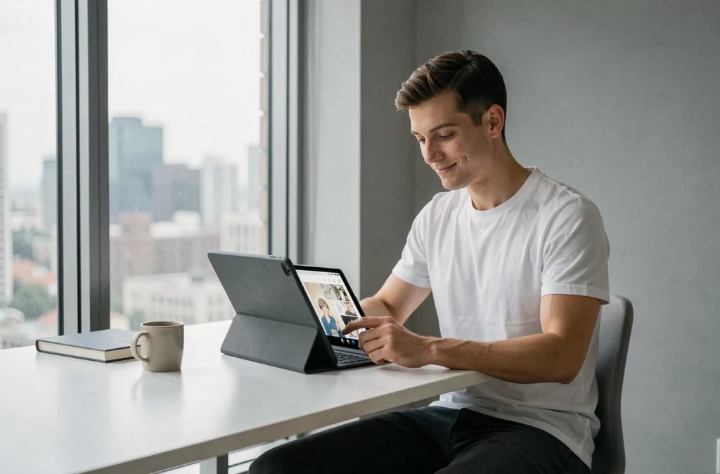 Homme adulte utilisant une tablette pour lire des mangas BL sur une plateforme numérique dans un appartement moderne